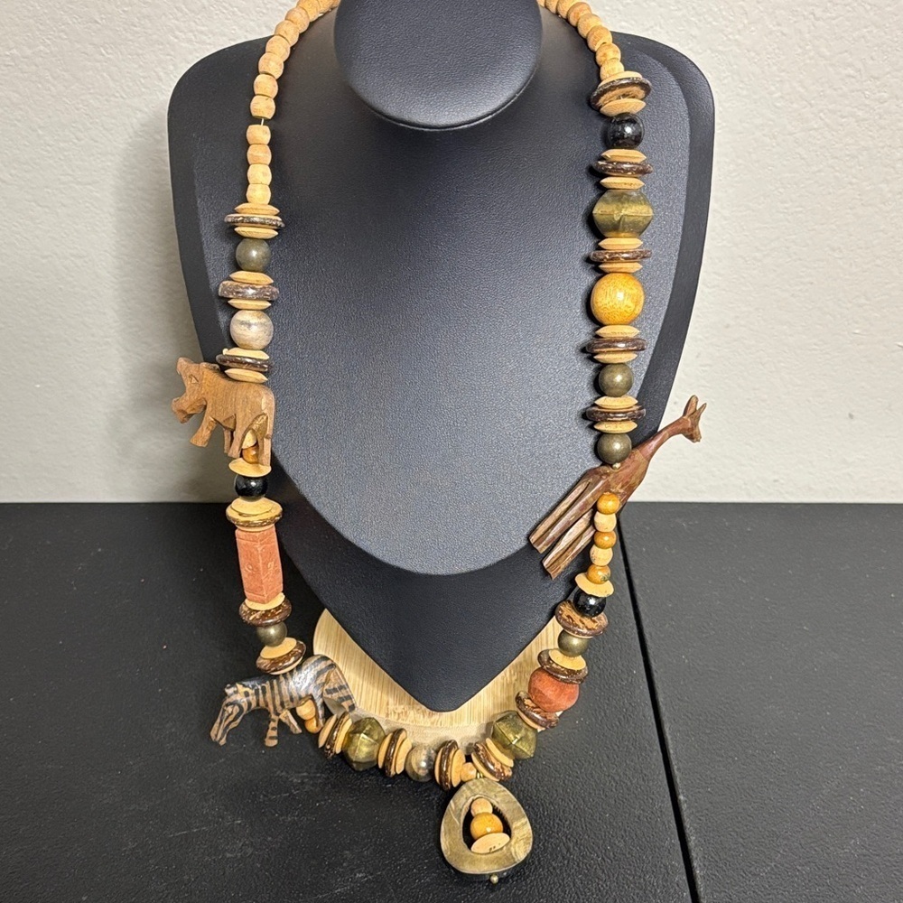 Vintage Wood Animal Zebra Giraffe Statement Safari Boho Necklace